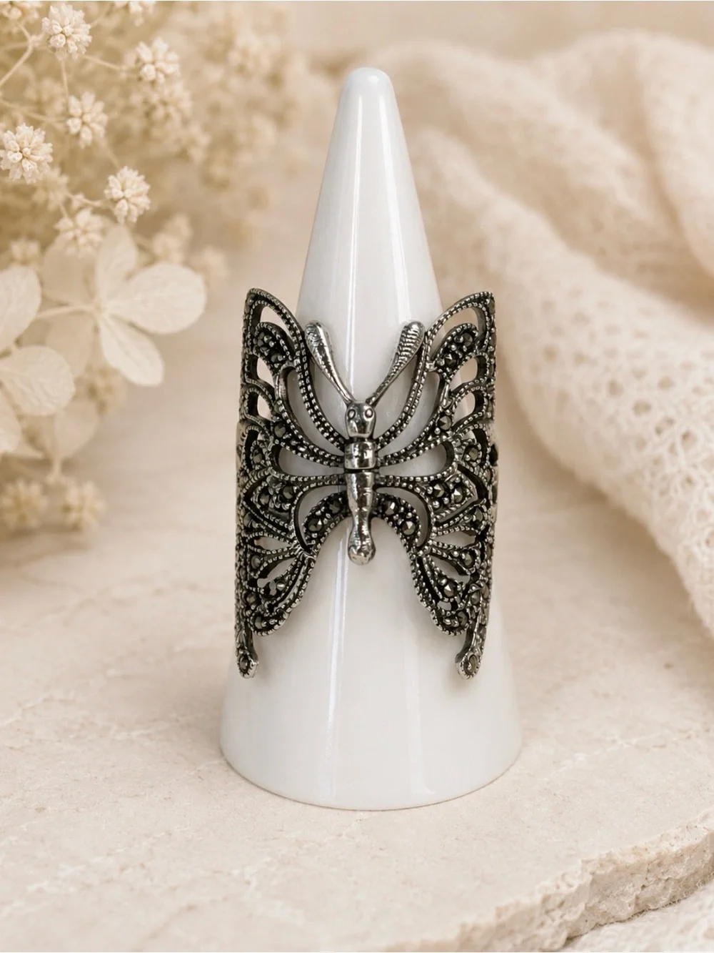Silver Metal Marcasite Large Butterfly Ring Size 9.5